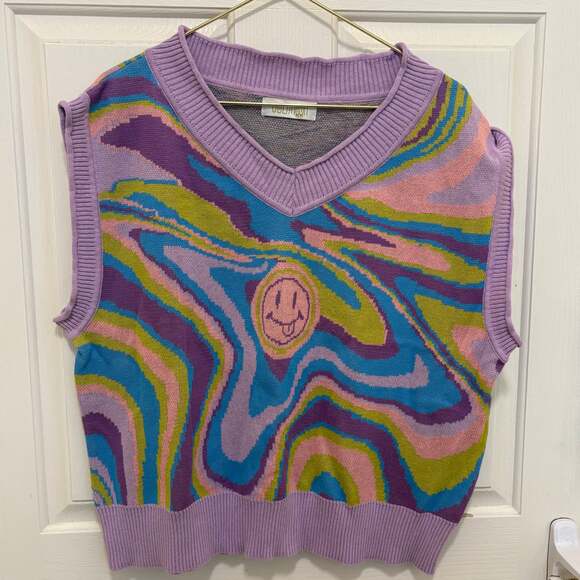 Ugly Moon Smiley Purple Sweater Vest - Picture 1 of 7